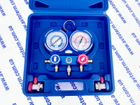 2-Wege-Verteiler mit 3 x 180 cm Standardschläuchen, Kunststoffkoffer, mit Kupplungen, R-134a/R-404A/R-22