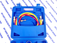 2-Wege-Verteiler mit 3 x 180 cm Standardschläuchen, Kunststoffkoffer, mit Kupplungen, R-134a/R-404A/R-22