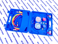 2-Wege-Verteiler mit 3 x 180 cm Standardschläuchen, Kunststoffkoffer, mit Kupplungen, R-134a/R-404A/R-22